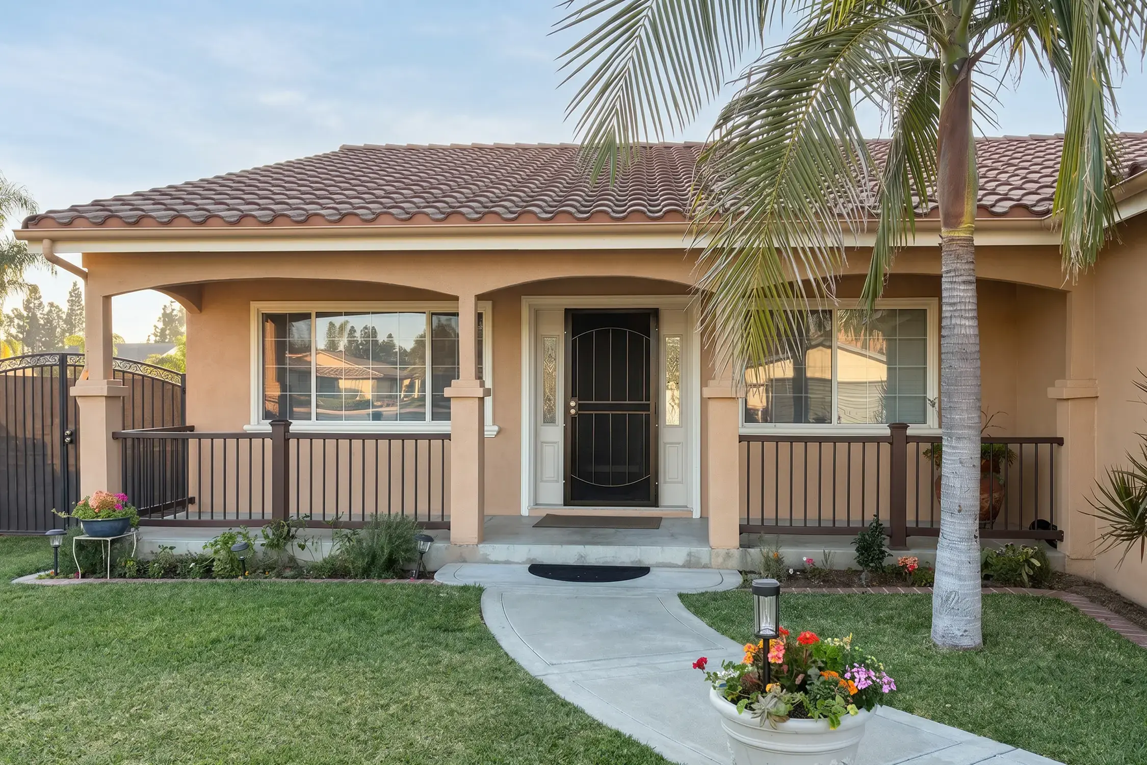 Tan stucco front elevation after full TEX-COTE COOLWALL repaint with clay tile roof, Hybrid Renovations, Glendora