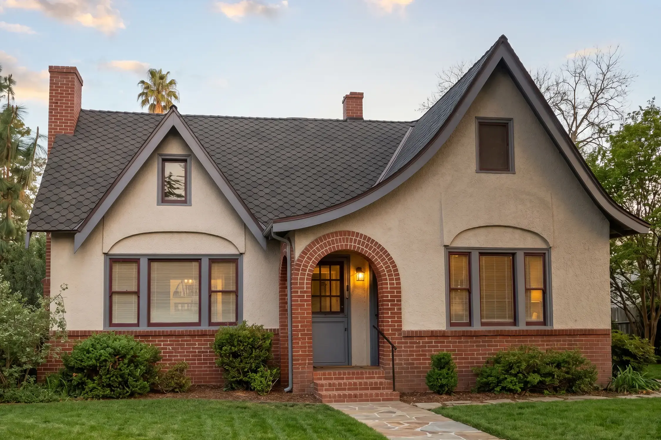 Storybook Tudor cottage after full roof replacement with charcoal PABCO Cascade shingles, Hybrid Renovations