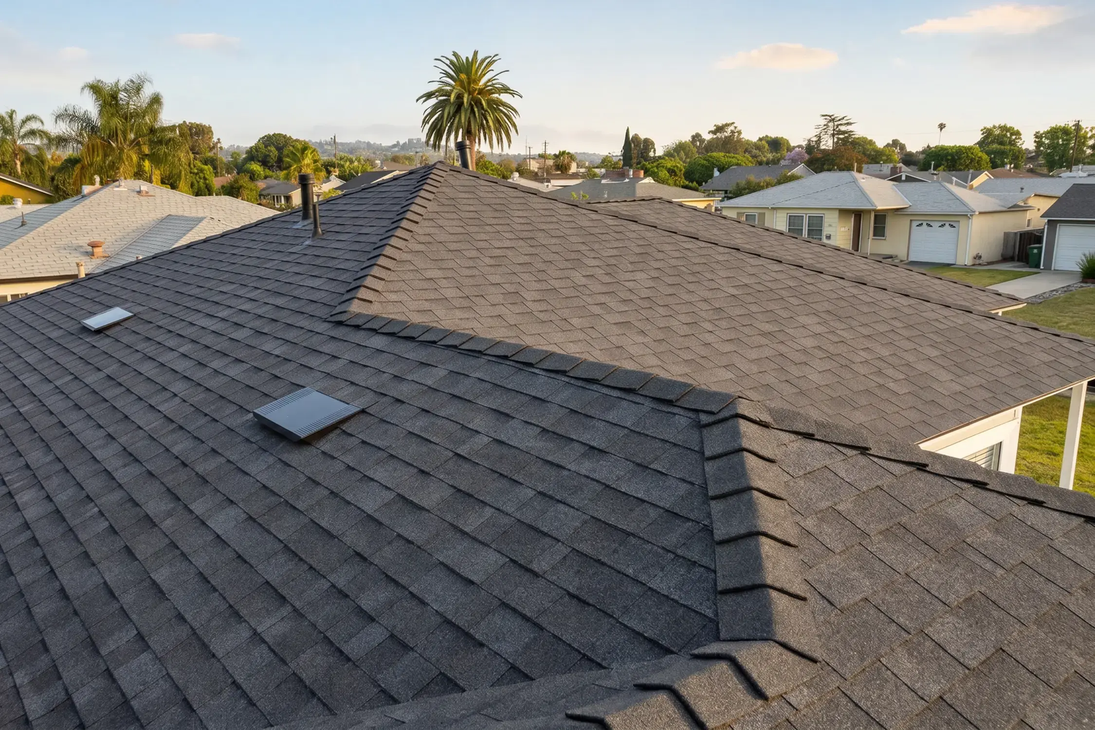 Charcoal Owens Corning Night Sky shingles after full roof replacement by Hybrid Renovations, Whittier