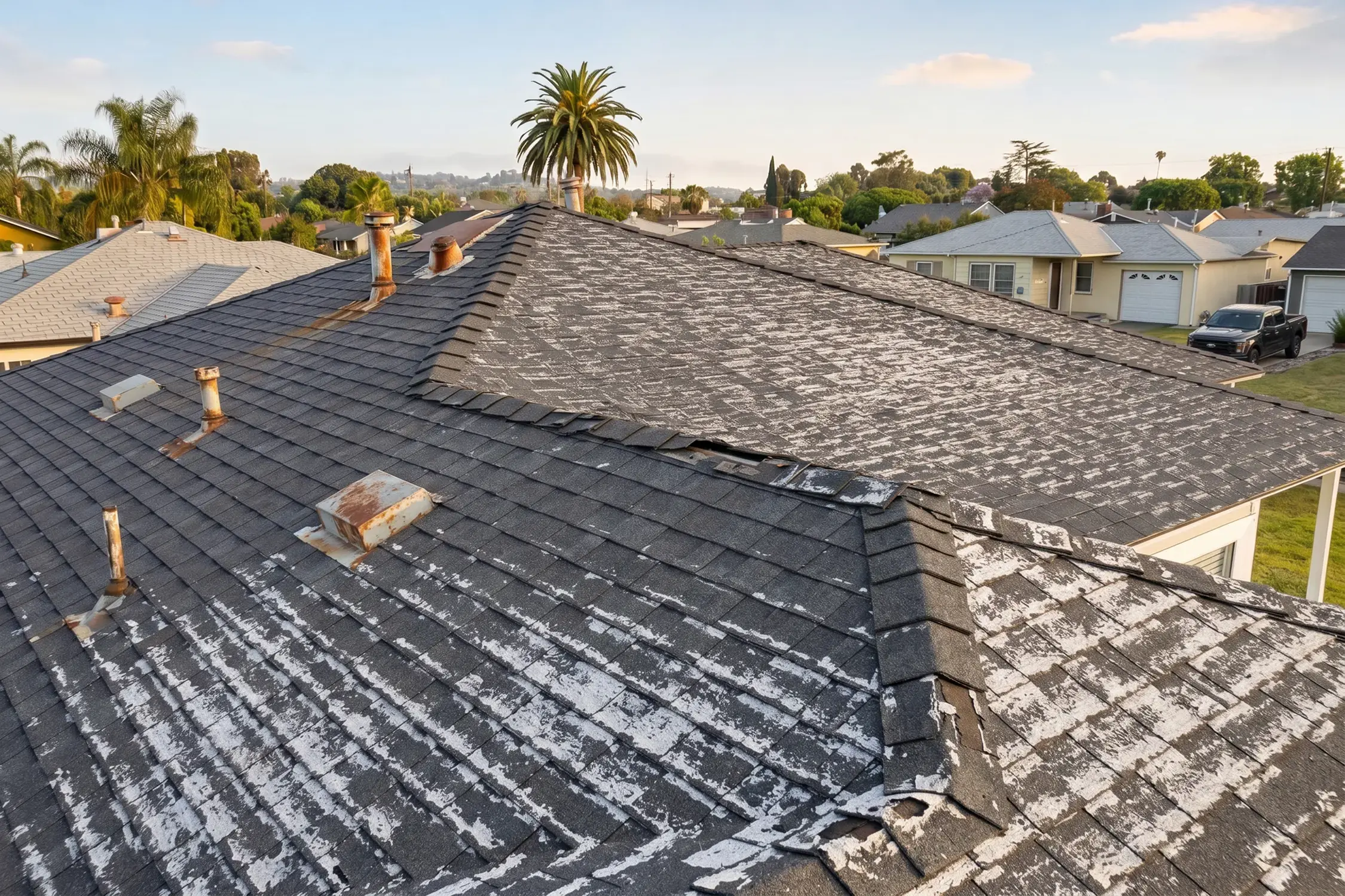Old asphalt shingles with heavy granule loss and rusted vents before roof replacement in Whittier